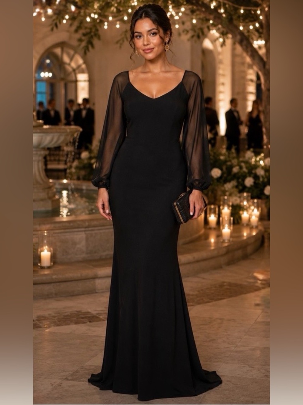 Chiara Boni La Petite Robe Marlo Black Illusion Sleeve Evening Gown 46 Italy 10